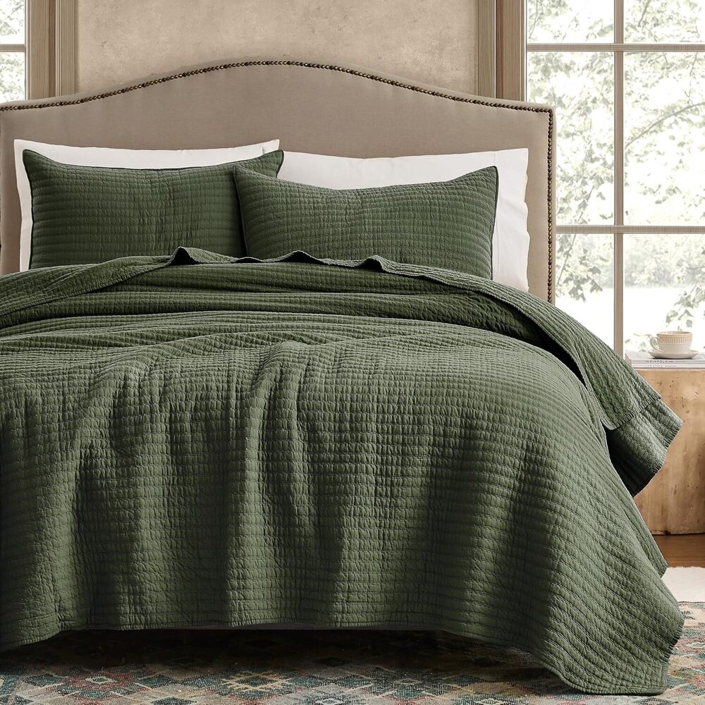 100% Cotton Queen Size Quilt Set - Olive Green Striped Pick Stitch Soft